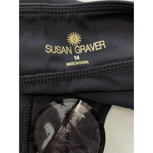 Susan Graver Soleil One Shoulder Swimsuit with Self Trim Sz 14 Black Multi Palm - Picture 4 of 10